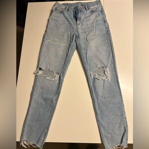 American Eagle Outfitters Strigid Ripped Curvy Mom Jeans - Light Blue